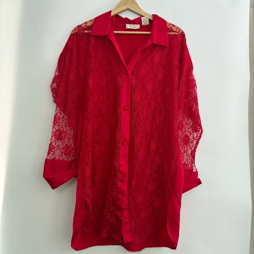 Victoria’s Secret Vintage Gold Label Red Satin Lace Button Down Nightgown Tunic